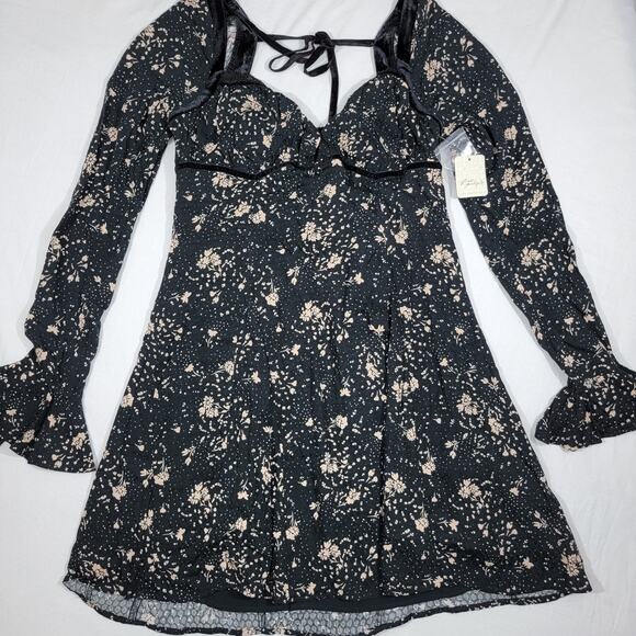 Free People Velvet Trim Floral Black Tess Mini Dress - Picture 1 of 10